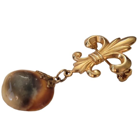 Gold Tone Fleur De Lis Bar With Operculum Eye Shell Dangle Brooch Pin E816 - Picture 4 of 7